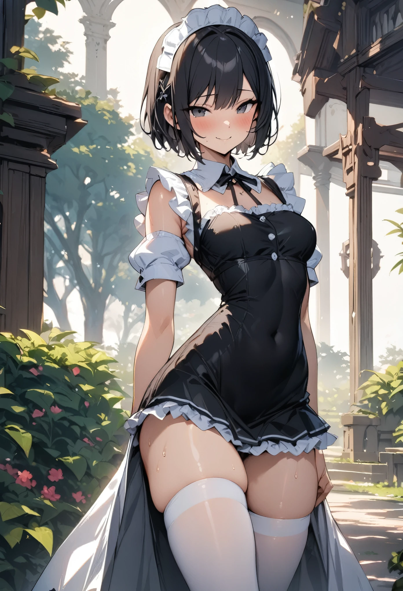 (((masterpiece, highest quality:1.3))),cowboy shot,25 year old beauty, solo,((very small head:1.2)),short bob hair,bangs,black hair,black eyes,blush,smile,medium breasts,(((very long body,slender body))),skinny,gleaming skin,oily skin,(japanese maid uniform,White brim,mini skirt),white_thighhighs,standing,garden、Trees、Garden of a large old mansion、