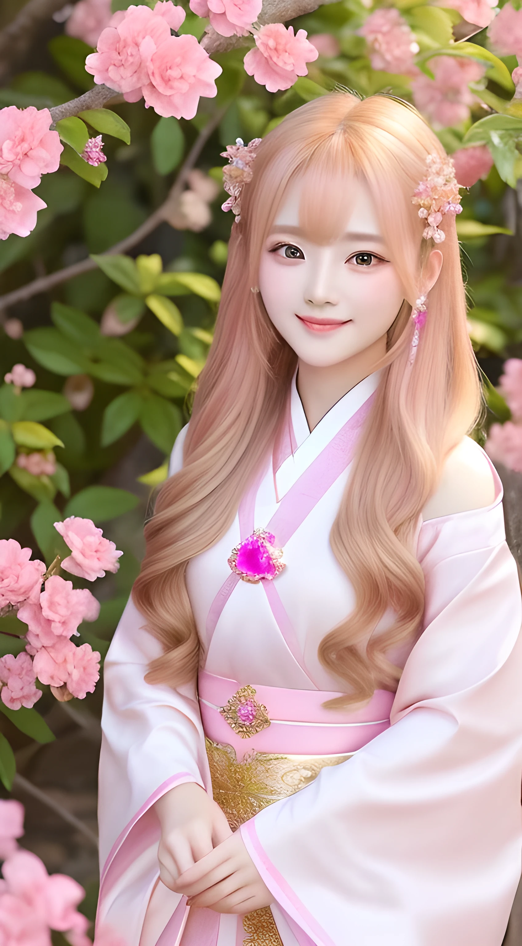 Golden Hair、Beauty、His eyes are shining、Pink flowers background、god々Shii、chinese hanfu、Pink heart crystal in hand、hair ornaments、17Year old girl、Smiling、Shoulders stick out、Watching the viewer