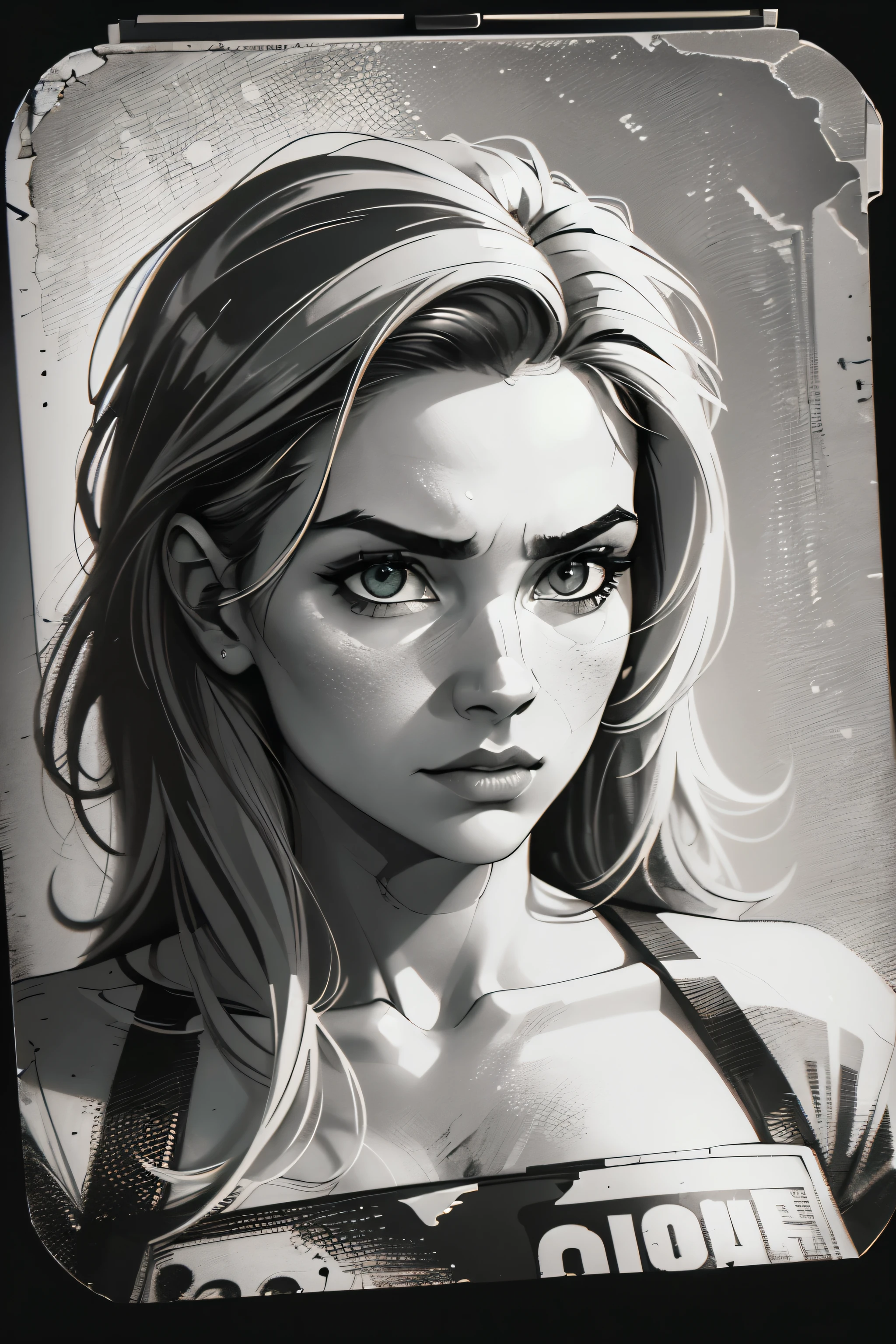 A girl in a mugshot, sketch, black and white, detailed features, vintage style, high contrast lighting, expressive eyes, tousled hair. (best quality, highres, realistic:1.37), vintage, monochrome, intense gaze, dramatic lighting, rugged background, distressed paper texture, retro vibes, id photo, front view