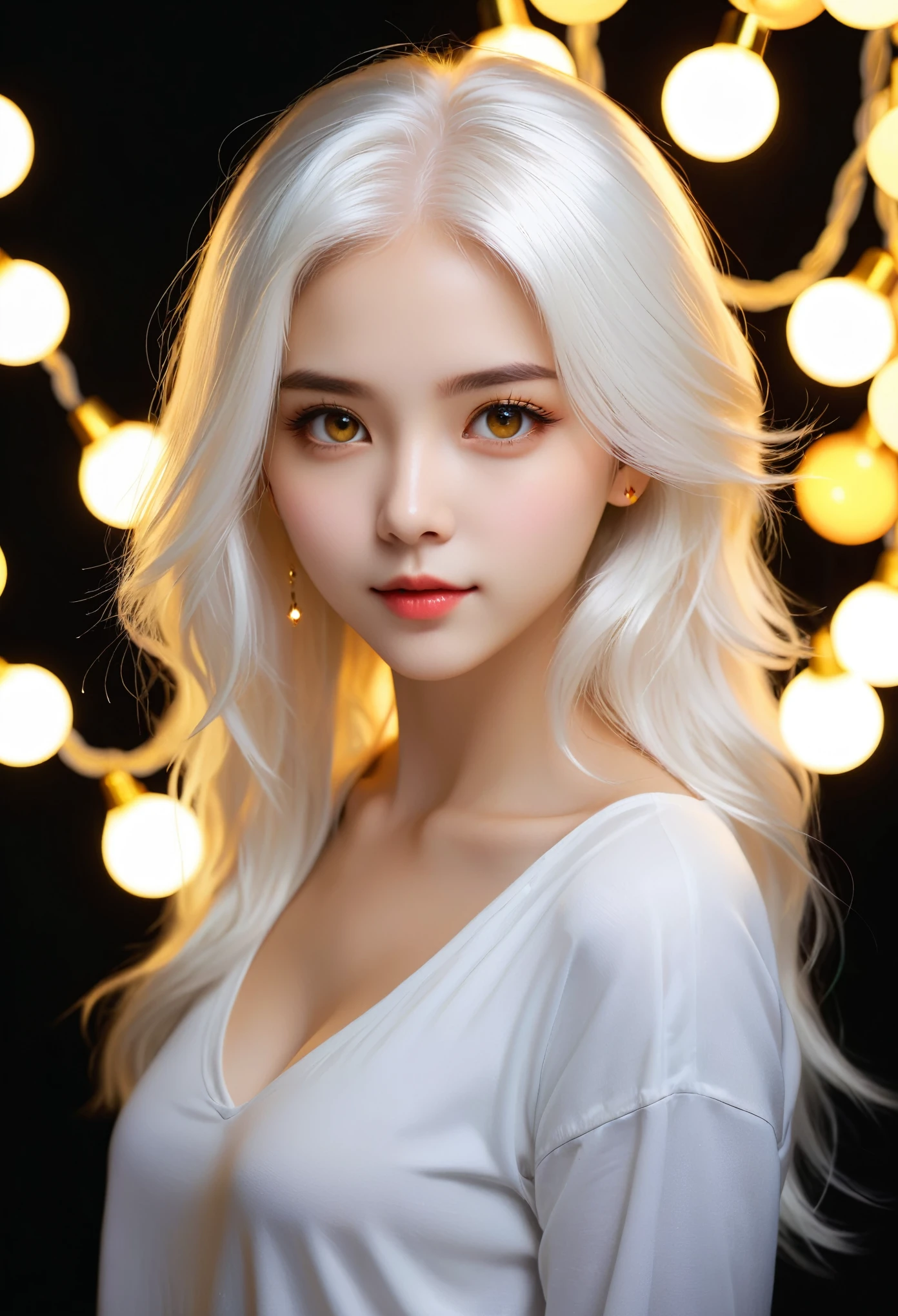 mksks-style, 1 Girl, Lovely, Surrounded by lights, Golden Eyes, white hair, black background, close up, No smile, masterpiece, Super detailed