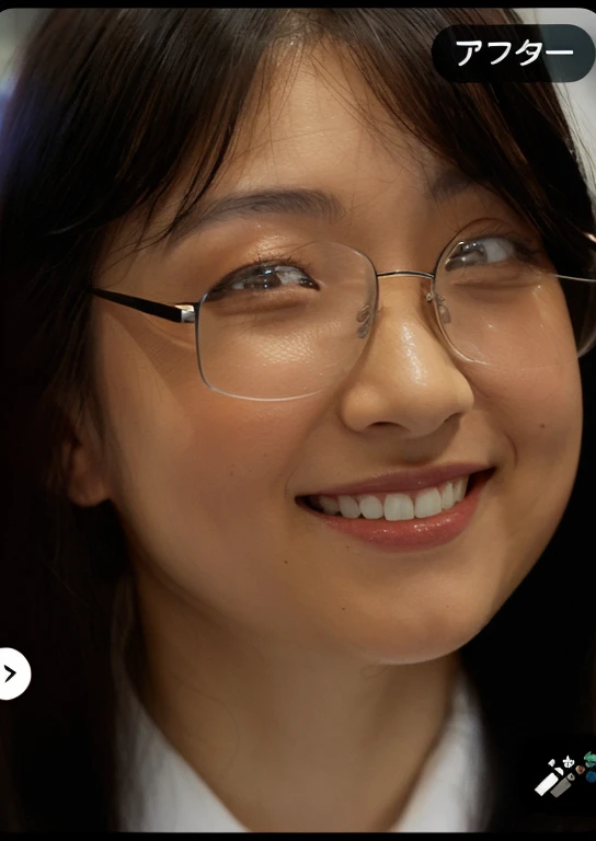 Japanese women, Age 25。Wearing glasses、Long Hair、Single eyelid smile。Eliminate reflections from glasses even more。Show off your individuality with eyeglass frames