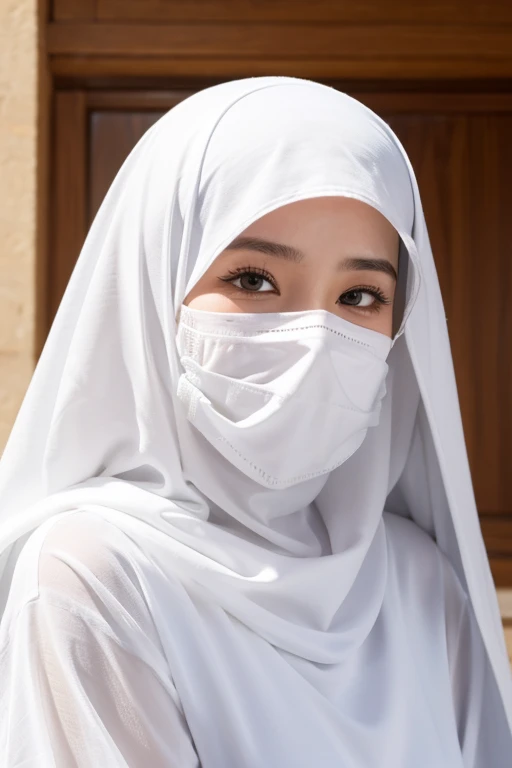 She wears a veil that hides her face.white black Muslim clothes 、Eyes are hidden
