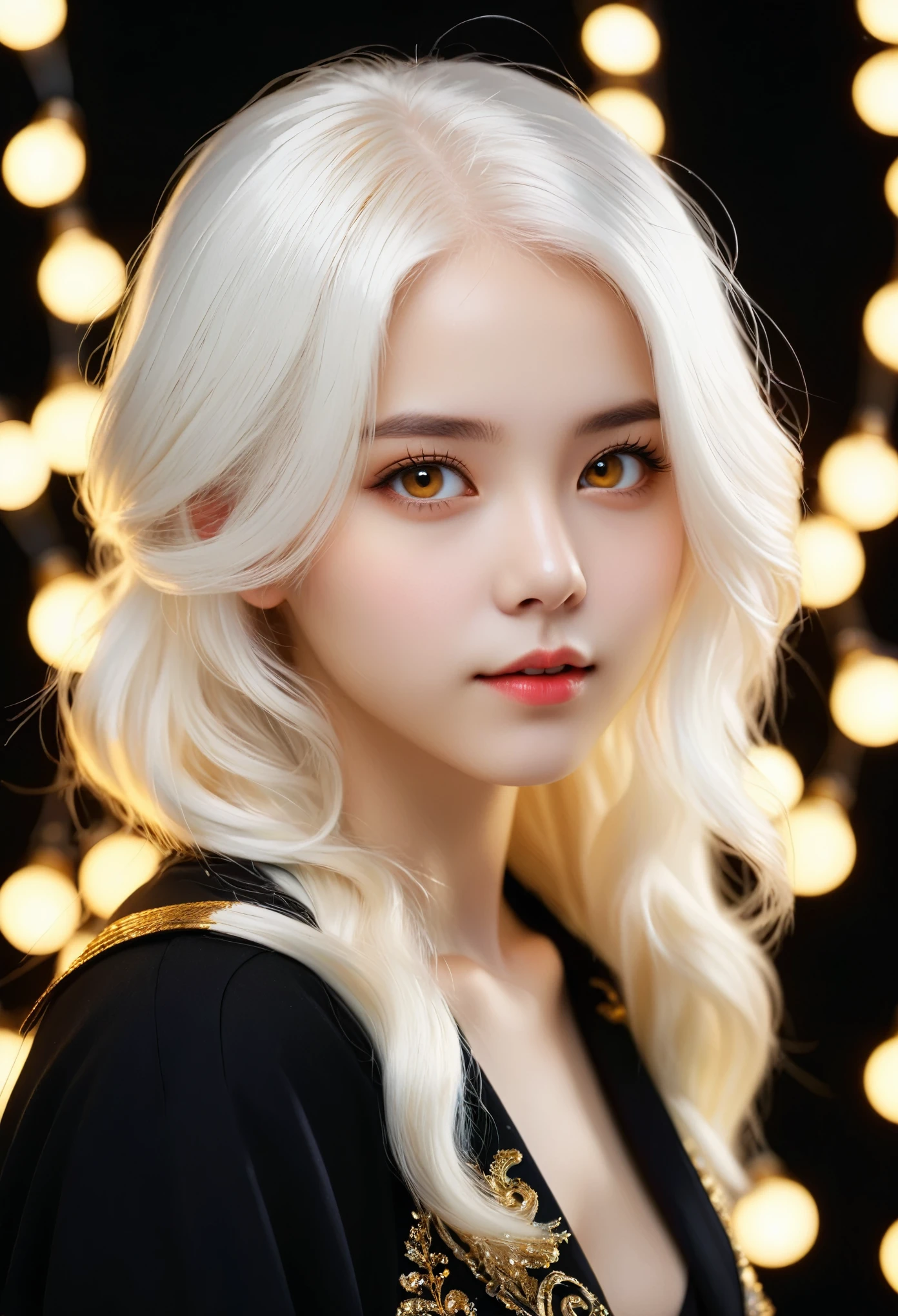 mksks-style, 1 Girl, Lovely, Surrounded by lights, Golden Eyes, white hair, black background, close up, No smile, masterpiece, Super detailed