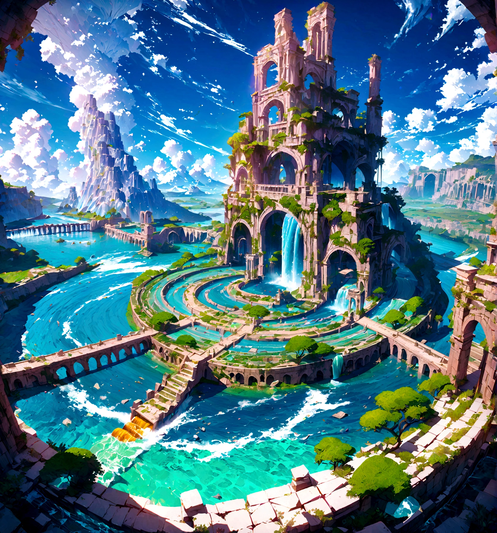 8K resolution, surreal, Super detailed, high quality, fantastical city, towering archways and bridges, cascading waterfalls, ancient ruins, lush greenery, winding river, blue skies with fluffy clouds, detailed stone structures, scenic landscapes, mix of natural and architectural beauty, vibrant colors