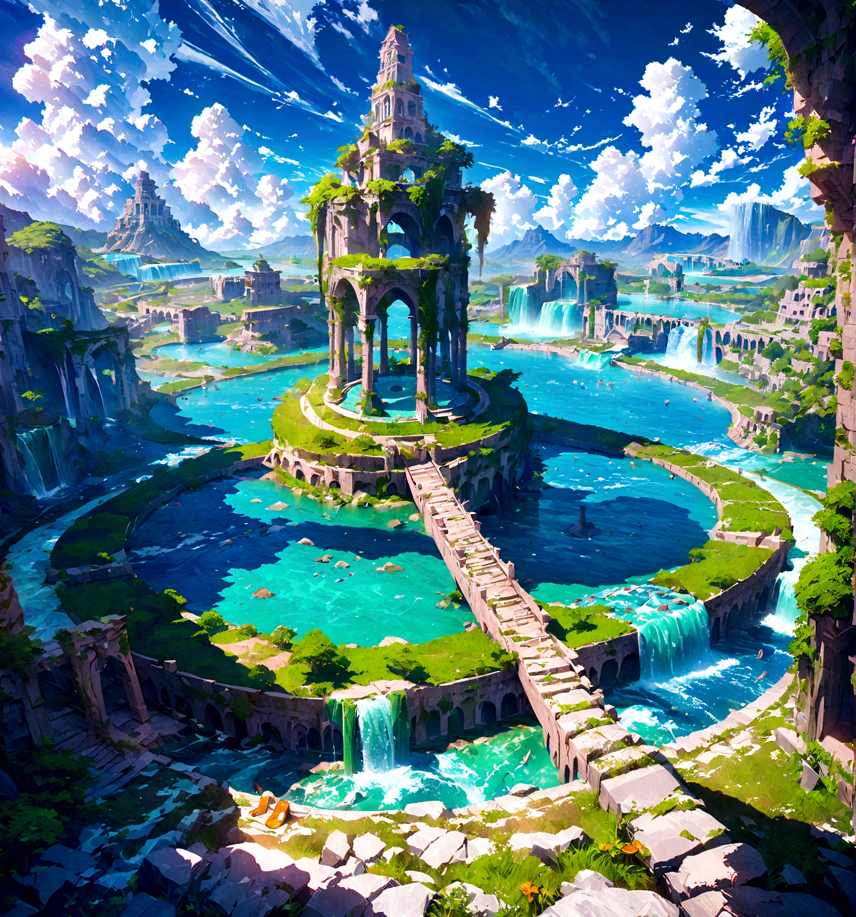 8K resolution, surreal, Super detailed, high quality, fantastical city, towering archways and bridges, cascading waterfalls, ancient ruins, lush greenery, winding river, blue skies with fluffy clouds, detailed stone structures, scenic landscapes, mix of natural and architectural beauty, vibrant colors