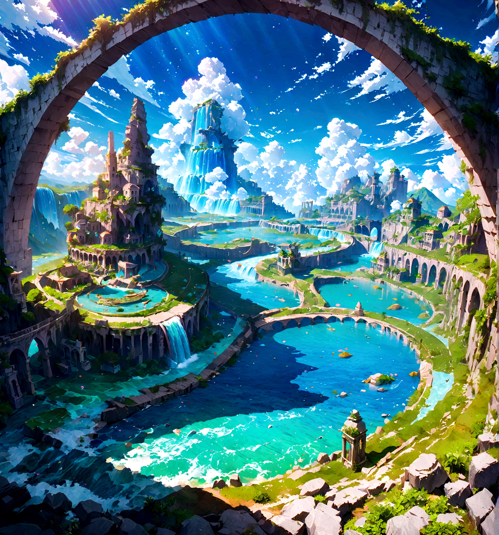 8K resolution, surreal, Super detailed, high quality, fantastical city, towering archways and bridges, cascading waterfalls, ancient ruins, lush greenery, winding river, blue skies with fluffy clouds, detailed stone structures, scenic landscapes, mix of natural and architectural beauty, vibrant colors