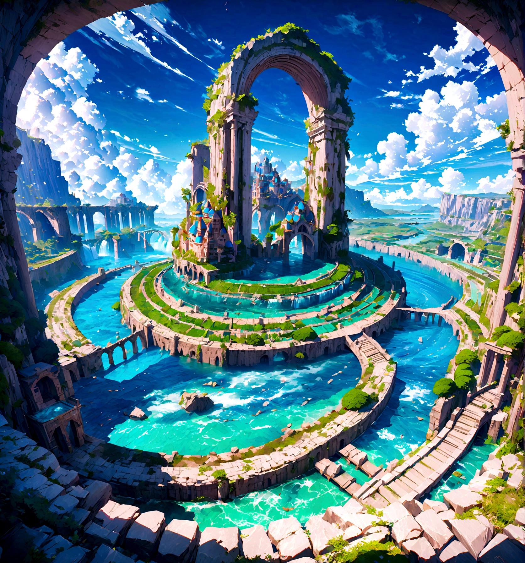 8K resolution, surreal, Super detailed, high quality, fantastical city, towering archways and bridges, cascading waterfalls, ancient ruins, lush greenery, winding river, blue skies with fluffy clouds, detailed stone structures, scenic landscapes, mix of natural and architectural beauty, vibrant colors