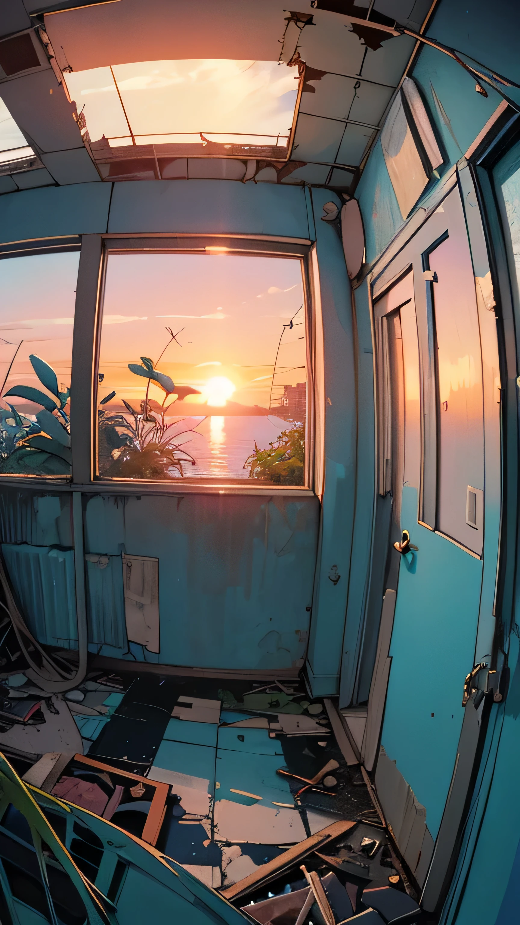 (((Fisheye))), very wide white background, extreme quality, masterpiece, 8k, depth of field, intricate details, (((unattended))), very large margins, lots of text, corporate logo, space, movie poster, (((abandoned building with sea view))), (((all covered with plants )))), nostalgia, (((sunset))), supercar, panorama, long shot, backlight, (((dull color))), (((blue color))),broken door, (((Night)))