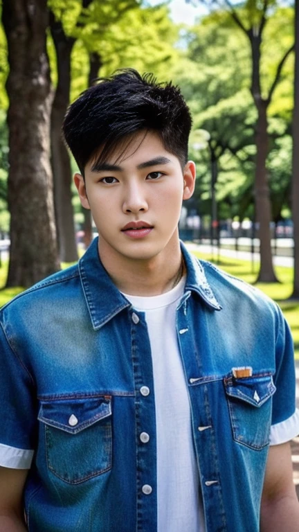 An Araf man wearing jeans and a white T-shirt stands in the park., Handsome Chad Chin, South Korean man, Damian Tran, Asian man, Darren Quach, Headshot profile picture, Hong Jun Hyung, Inspired by Kim Myong Kook, Rick Dai, Inspiration from Junggeun Lee, Ryan Jia, Reuben Wu, Yanjun Chengt