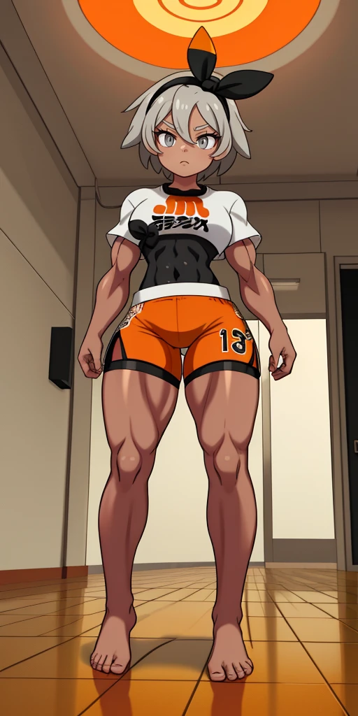 [bea], [pokemon], [uploaded to e621.net; (napalm_express)], ((masterpiece)), ((HD)), ((high res)), ((solo portrait)), ((full body)), ((front view)), ((feet visible)), ((detailed shading)), ((beautiful render art)), ((intricate details)), {anime girl; (dark-toned skin), (cute grey eyes), (short eyelashes), short white hair, (curvy hips), (defined muscles), (beautiful muscular legs), (beautiful feet), (expressionless)}, {(white shirt), (midriff), (bodysuit under clothes), (orange print shorts), (black hairband)}, {(standing), (looking in the distance)}, [background; (open room), (gym), (ceiling lights), (sun rays), (pink and orange sky)]