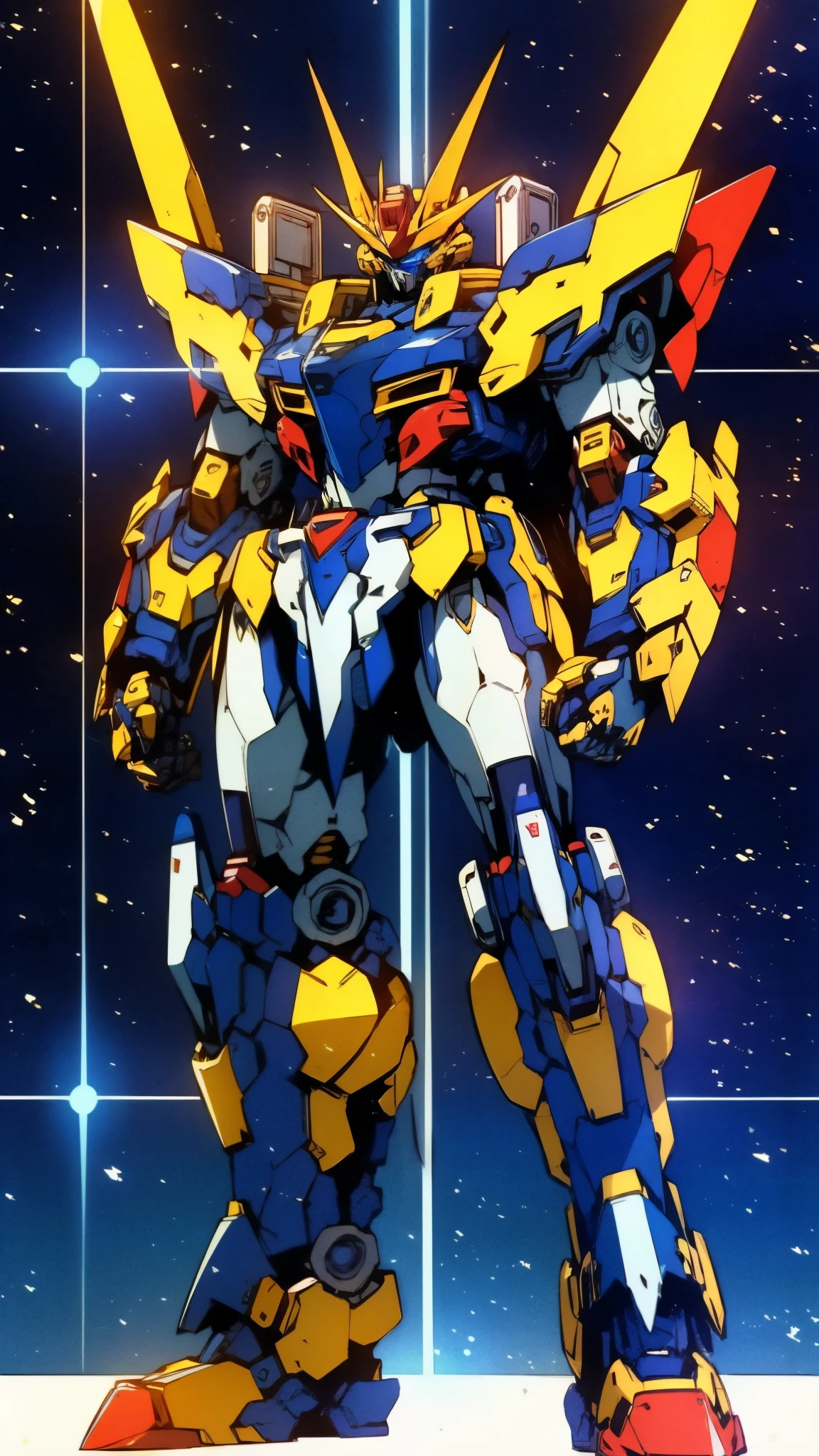 Humanoid Mecha, fully enclosed shoulder guards, matching arm and leg guards, full body, full armor, super robot, the design balances heavy with agility, (the color scheme is primarily white with red and blue accents, the concept Inspired by super robot, composite layered chest armor, pose, standing, floating high above the futuristic sci-fi city), exquisite and mature art style, (aura effect, energy, glowing eyes, the armor glows), ((SRS)), metallic, dramatic, high definition, best quality, highres, ultra-detailed, ultra-fine painting, extremely delicate, professional, perfect body proportions, anatomically correct, symmetrical face, extremely detailed eyes and face, high quality eyes, creativity, RAW photo, UHD, 32k, Natural light, cinematic lighting, masterpiece-anatomy-perfect, masterpiece:1.5