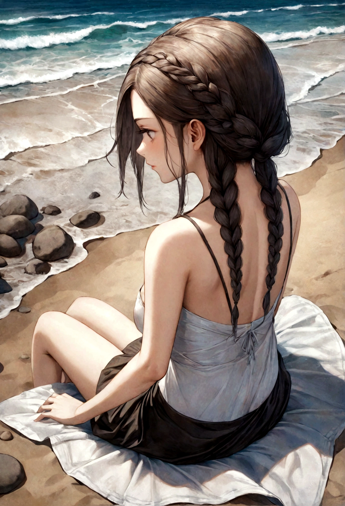 painting of a woman sitting on a beach with her back to the camera, she has two braids in her hair, estilo Alfredo Ramos Martinez, mulher com cabelo preto, magrita pura. detalhado, olhando por cima do ombro,