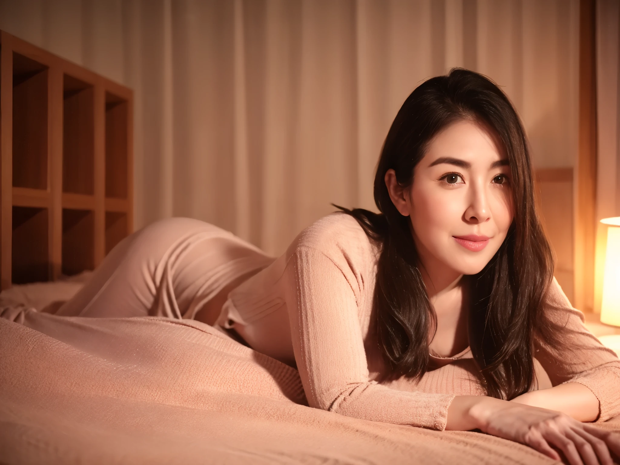 in 8K、Raw photography、Highest Quality、realisitic、Photorealsitic、Professional Lighting、masterpiece、Very delicate and beautiful woman).A woman lying on her side on the bed next to me in a dimly lit room at night, lying on her cheek, staring at me.She's completely naked and in the blankets.upper body shot. 45 years old. Has big breasts of J cup.Beautiful woman with slender,looking camera,