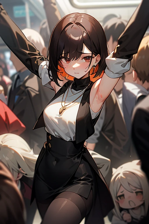 Brown short bob、Sleeveless white sweater、wearing a black jacket、Flared sleeves、Tight Skirt、Black Stockings、necklace、Extremely crowded train、There are a lot of people crowded together、Disheveled clothes、Your cheeks are red、slender、Curved waist、slender、Beautiful clavicle、There are a lot of people and they are close to each other、Flickering、Sexy、Belly button、Earrings、Color mesh on hair、Sweaty、hot、Grabbing your arms or shoulders、Spread your legs、Close Contact、Being grabbed by the waist、