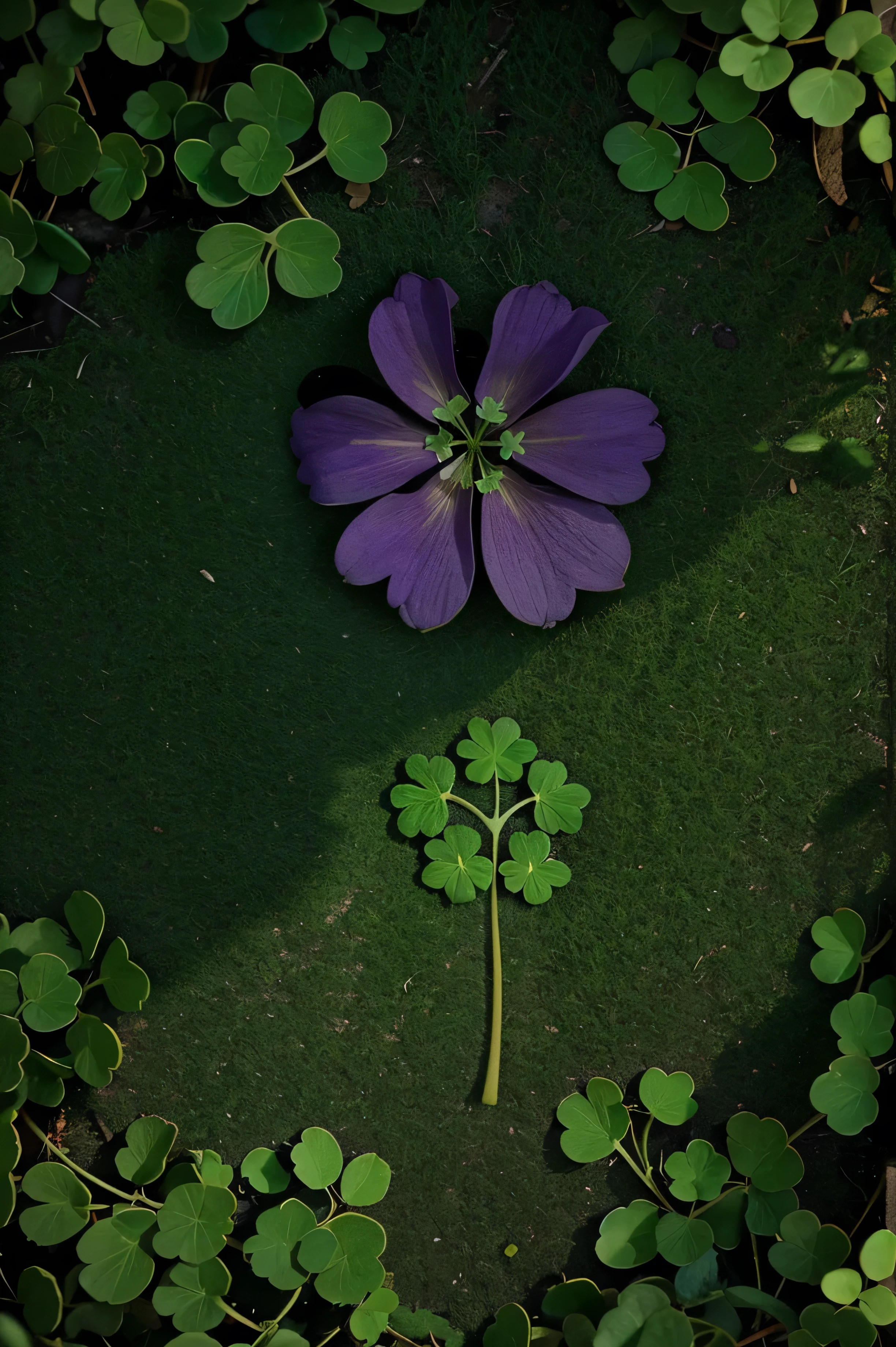 a close up of a four leaf clover surrounded by green, purple and orange leaves, a picture by Samuel Scott, pexels, hurufiyya, four leaf clover, clover, background full of lucky clovers, wallpaper - 1 0 2 4, green blessing, #green, irish genes, 👰 🏇 ❌ 🍃, beautiful image, some green, celtics, irish youtuber