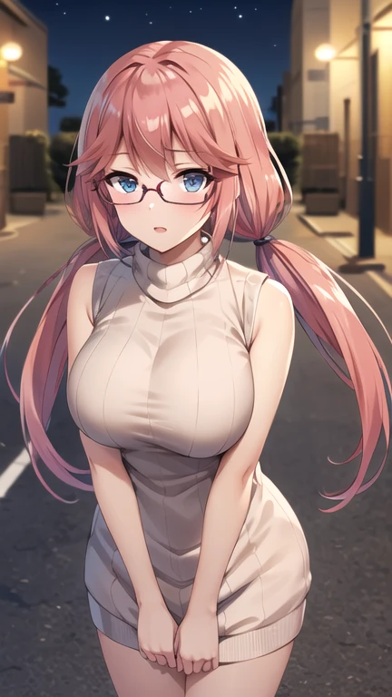 masterpiece, best quality, highres, 1girl, solo, long hair, pink hair, low twintails, blue eyes, glasses, large breasts, ribbed sweater, sweater dress, sleeveless, turtleneck, night, street, standing, cowboy shot,