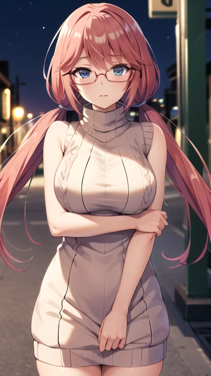 masterpiece, best quality, highres, 1girl, solo, long hair, pink hair, low twintails, blue eyes, glasses, large breasts, ribbed sweater, sweater dress, sleeveless, turtleneck, night, street, standing, cowboy shot,