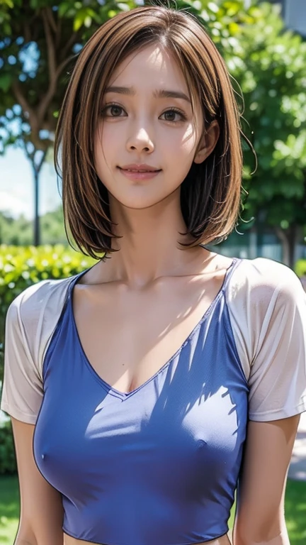 Professional photographer takes pictures of neat female college students, (school uniform, Summer clothes, Short sleeve), Outside the playground, (slim), Realistic, detailed, Skin Texture, ultra detailed, Delicate and sexy collarbone, smile, super detailed face, detailed lips, detailed eyes, Breast augmentation, Thin waist, masterpiece, anatomically correct, textured skin, high details, best quality, 16k