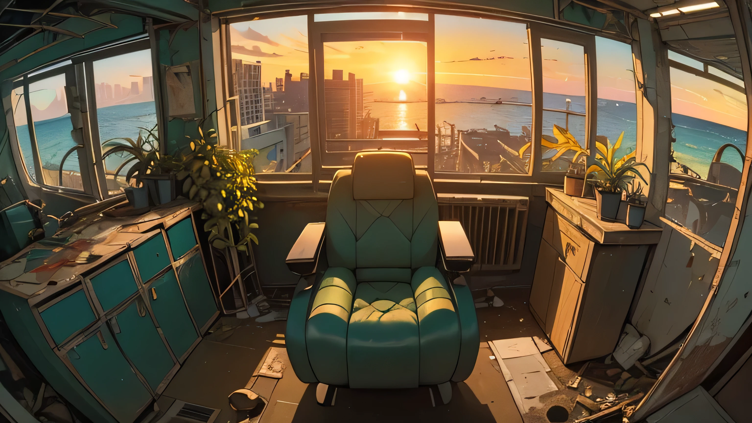 (((Fisheye))), very wide white background, extreme quality, masterpiece, 8k, depth of field, intricate details, (((unattended))), very large margins, lots of text, corporate logo, space, movie poster, (((abandoned building with sea view))), (((all covered with plants )))), nostalgia, (((sunset))), supercar, panorama, long shot, backlight, (((dull color))), (((yellow color))),broken door, (((Night))), (((Mechanical near-future interior)))