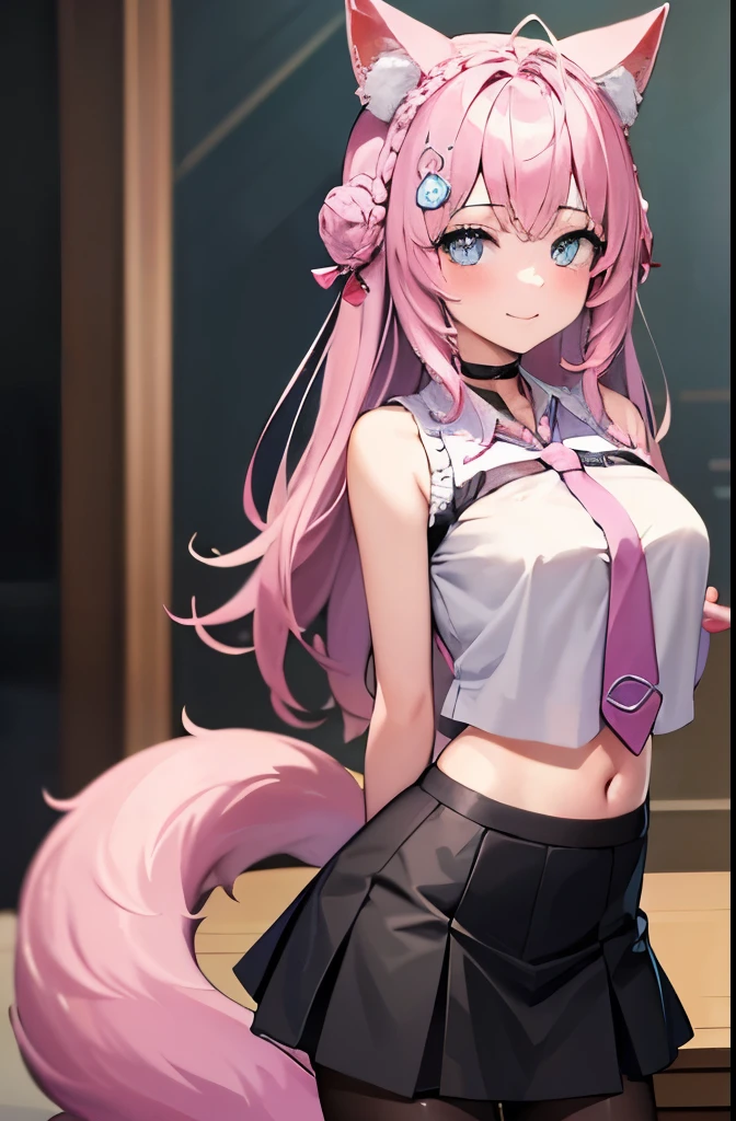 The Masterpiece,best qualiy,Hi-Res,standing a,DEF1,lora:Koyori-000015:1,pink tie,tights,hairornaments,Lilac eyes,One-sided braid,Sorrisos,1girl, animal ear fluff, animal ears, arm behind back, bangs, black choker, black skirt, blue eyes, blush, braid, braided bun, breasts, brown pantyhose, choker, closed mouth, cowboy shot, (pose), crown braid, double bun, frilled skirt, frills, hair bun, hair ornament, hakui koyori, indoors, long hair, medium breasts, midriff, miniskirt, navel, necktie, pantyhose, pink hair, pink necktie, shirt, skirt, sleeveless, sleeveless shirt, smile, solo, standing, tail, hite shirt, wolf ears, wolf tail, masterpiece,highres,best quality, masterpiece, best quality, ultra-detailed