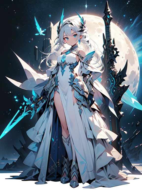 Design a layout showcase Gaming character, (1girl). Blue+Silver clothes, celestial and graceful, ((showcase weapon:1.4)), crescent blade, (masterpiece:1.2), (best quality), 4k, ultra-detailed, (Step by step design, layout art:1.5), (starry lighting, cosmic atmosphere), moon priestess, ((moonlit gloves)), (((revealing gown:1.3))), starlit vambraces, celestial boots, (((full_body_shot:1.4)))