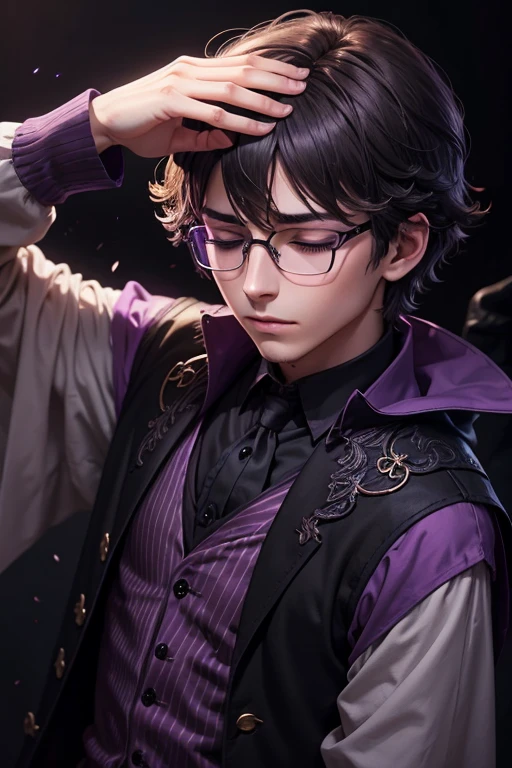 Brown short hair boy glasses, black tear streaks, closed eyes, witch, purple tinted themed clothing, magic, darkness