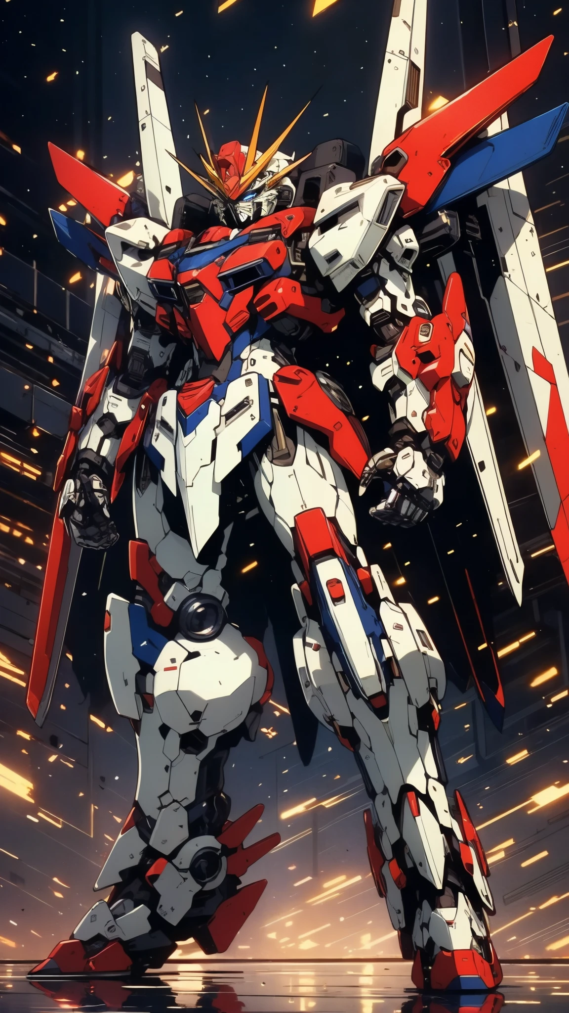 Humanoid Mecha, fully enclosed shoulder guards, matching arm and leg guards, full body, full armor, super robot, the design balances heavy with agility, (the color scheme is primarily white with red and blue accents, the concept Inspired by super robot, composite layered chest armor, pose, standing, floating high above the futuristic sci-fi city), exquisite and mature art style, (aura effect, energy, glowing eyes, the armor glows), ((SRS)), metallic, dramatic, high definition, best quality, highres, ultra-detailed, ultra-fine painting, extremely delicate, professional, perfect body proportions, anatomically correct, symmetrical face, extremely detailed eyes and face, high quality eyes, creativity, RAW photo, UHD, 32k, Natural light, cinematic lighting, masterpiece-anatomy-perfect, masterpiece:1.5