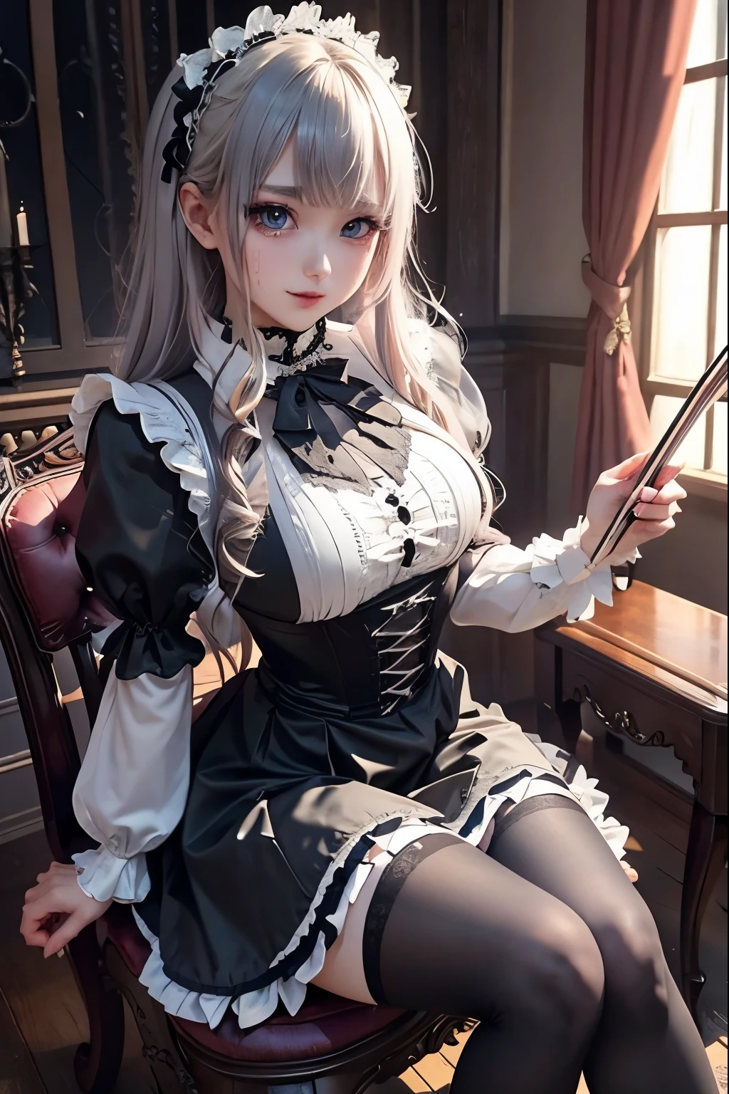 ハードDark Gothicメイク、Deep Night Sky、Horror、Black dark eyeshadow、sad、Good skin radiance、Dark Gothicメイク、Dark smile、palace、24-years-old、Embarrassed look、Dark Gothic、Obscene language、highest quality、Drunk face、紫のMaid clothes、Mysterious、Noble、sexy、Loving smile、Right blue eye, Left eye is red、Platform Heel Shoes、Heavy makeup、Gothic ta Clothing、Silver Hair、Long Hair Straight Hair、Cute Gothic Loliress、Beautiful Face、elegant features、Fascinating face、Stained glassが背景、Chest glistening with sweat、The room is dark、gothic long dress、Bell Sleeves、Wizard Sleeve、Decadent look、Sexually excited expression、Glossy thighs wet with water、Thighs that are wet and shiny with oil、Background of a room full of roses、The embroidery is pink、The dress has pink embroidery、Thigh-high socks、Knee-high socks、Gentle expression、Dark black eyeshadow、Stained glassと薔薇背景、Female Duo、Female couple、dark church background、Stained glass、Black metal world、Dark Castle、Slender body、gothic long dress、Maid clothes、Victorian dresses、Her thighs glisten with sweat、My body is wet and shiny、Lots of glitter on the thighs、My thighs are sticky from sweating、Sweat glistens on the thighs, The whole body is sweaty and shiny、Quite sweaty、My thighs are sweaty、My thighs are so wet、My thighs are shining with sweat、A lot of sweat glistens all over the body、Small breasts、Orchestra StageStage、Dynamic Angle、sitting on a gothic chair、Play the violin gracefully、With a violin、Press the violin strings、violinist、orchestra performance、Thin thighs、slender、Violin body and strings、Sit on a chair、pantyhose、