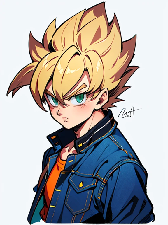 1man, solo, (masterpiece), best quality, ultra-detailed, Son Goku from Dragon Ball Z, super saiyan hair, Retro style, full body. fashion cloth, purple jean jacket, fancy, portrait, upper body, face detail, eyes detail: 1.3, simple background, green eyes, orange shirt, white background.
