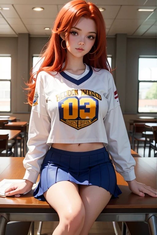 A beautiful college cheerleader, redhead with long, full red hair, wearing the Westwood university uniform, very beautiful, she is sitting at her class table looking at the viewer, Dutch angle