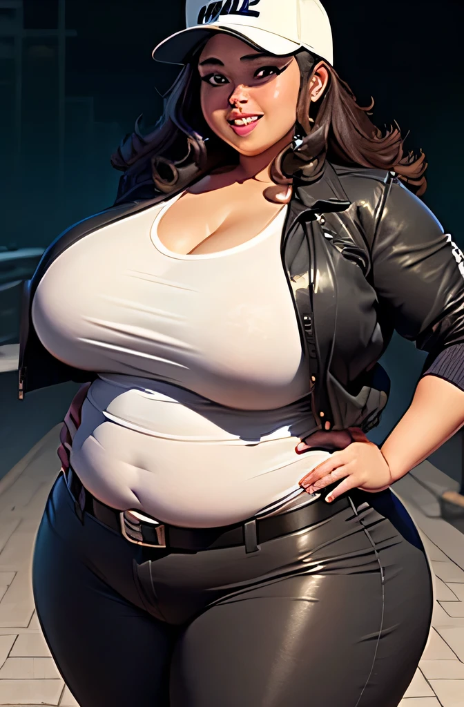 extremely fat and large latino woman, huge bust, 300 pounds, black pants, massive stomach, lovehandles, smiling, bbw, plus size woman, belt, obese, hand on shoulder, wearing a baseball cap, white shirt, black jacket, voluptuous body, leaning backwards, black vest, gird