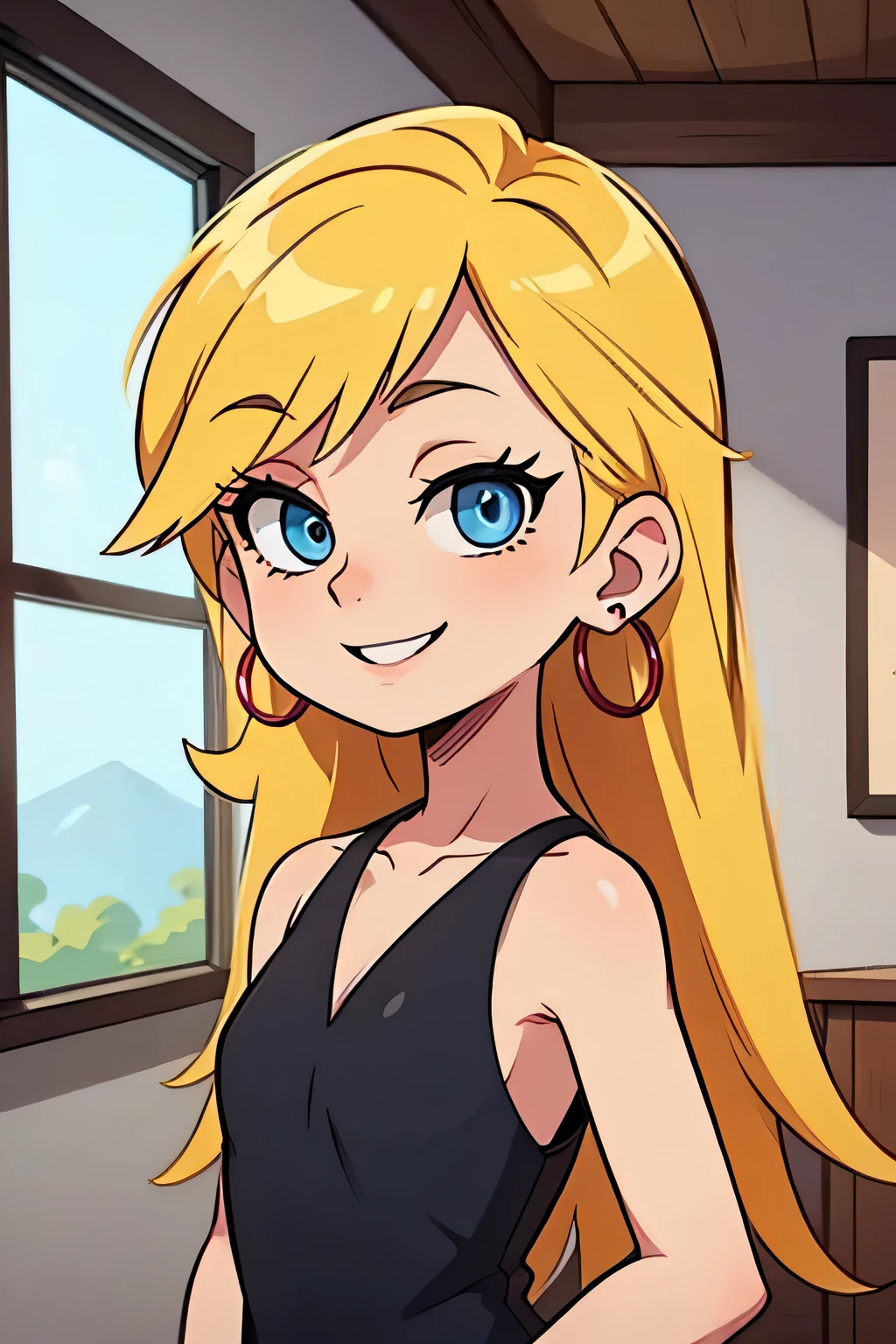 masterpiece, best quality, solo, 1 girl, psgpanty, black dress, blue eyes, long hair, blonde hair, hoop earrings, upper body, collarbone, little sleeveless black dress, parody, indoors, smile