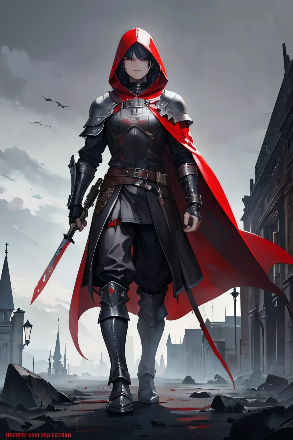 a medieval warrior, man with black hair, medieval armor, gothic, gothic architecture in the background, gloomy fog covering the place, a cape and red hood over the armor, iron boots, full body, best quality, artwork cousin, red hood on the head like little red riding hood, dark atmosphere, black eyes, perfect face, dark souls, silent hill atmosphere 