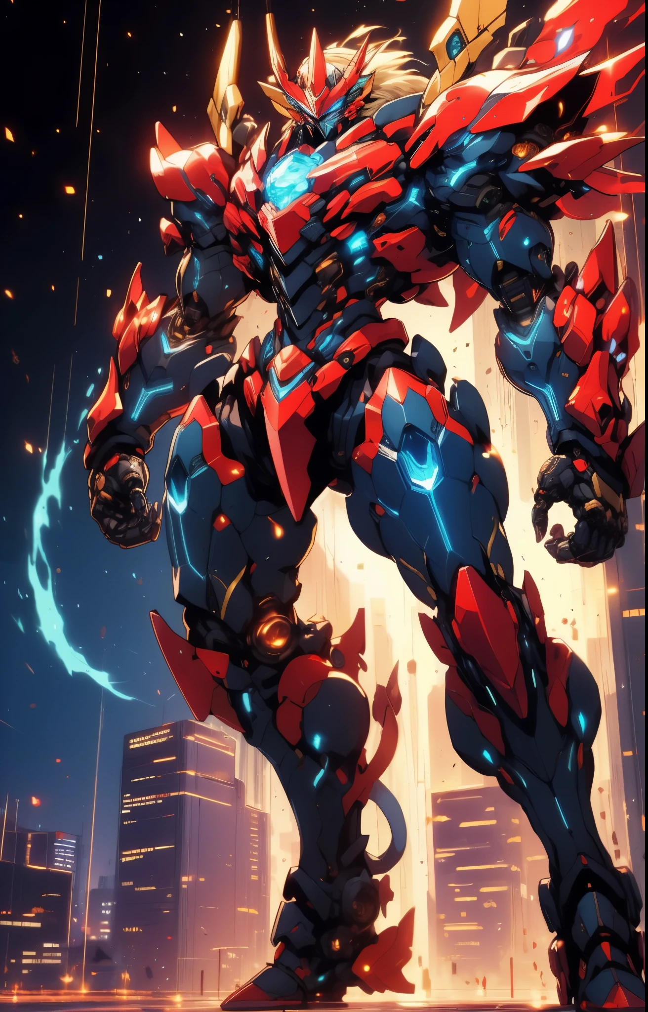 Humanoid Mecha, fully enclosed shoulder guards, matching arm and leg guards, full body, full armor, super robot, the design balances heavy with agility, (the color scheme is primarily white with red and blue accents, the concept Inspired by super robot, Lion concept chest armor, pose, standing, floating high above the futuristic sci-fi city), exquisite and mature art style, (aura effect, energy, glowing eyes, the armor glows), ((SRS)), metallic, dramatic, high definition, best quality, highres, ultra-detailed, ultra-fine painting, extremely delicate, professional, perfect body proportions, anatomically correct, symmetrical face, extremely detailed eyes and face, high quality eyes, creativity, RAW photo, UHD, 32k, Natural light, cinematic lighting, masterpiece-anatomy-perfect, masterpiece:1.5