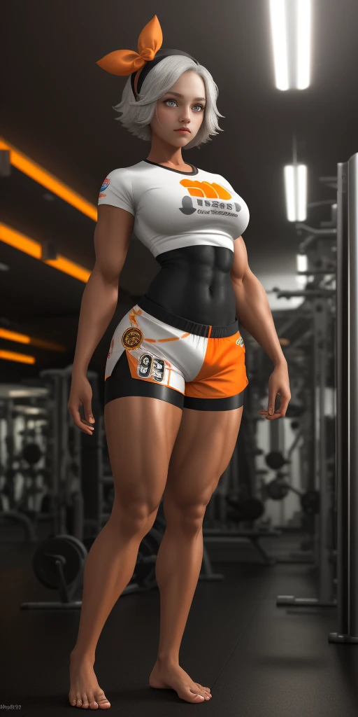 [bea], [pokemon], [uploaded to e621.net; (napalm_express)], ((masterpiece)), ((HD)), ((high res)), ((solo portrait)), ((full body)), ((front view)), ((feet visible)), ((detailed shading)), ((beautiful render art)), ((intricate details)), {anime girl; (dark-toned skin), (cute grey eyes), (short eyelashes), short white hair, (curvy hips), (defined muscles), (beautiful muscular legs), (beautiful feet), (expressionless)}, {(white shirt), (midriff), (bodysuit under clothes), (orange print shorts), (black hairband)}, {(standing), (looking in the distance)}, [background; (open room), (gym), (ceiling lights), (sun rays), (pink and orange sky)]