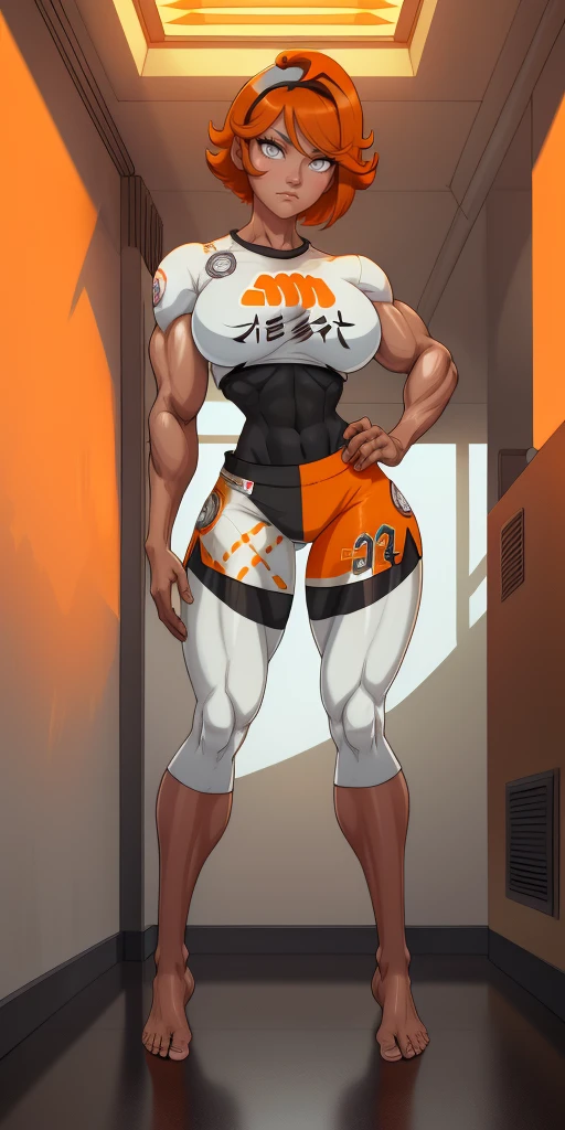 [bea], [pokemon], [uploaded to e621.net; (napalm_express)], ((masterpiece)), ((HD)), ((high res)), ((solo portrait)), ((full body)), ((front view)), ((feet visible)), ((detailed shading)), ((beautiful render art)), ((intricate details)), {anime girl; (dark-toned skin), (cute grey eyes), (short eyelashes), short white hair, (curvy hips), (defined muscles), (beautiful muscular legs), (beautiful feet), (expressionless)}, {(white shirt), (midriff), (bodysuit under clothes), (orange print shorts), (black hairband)}, {(standing), (looking in the distance)}, [background; (open room), (gym), (ceiling lights), (sun rays), (pink and orange sky)]