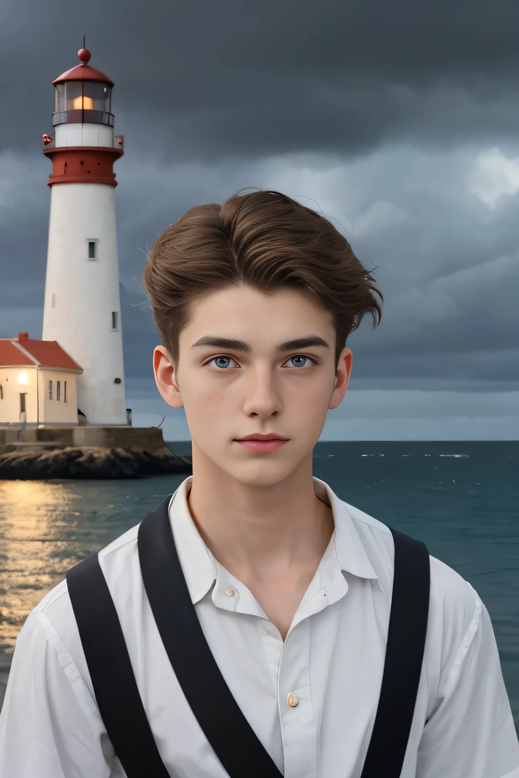 Medium shot of a 19-year-old Russian boy from the 1910s. He is handsome with tan skin and light grey eyes, wearing a loose white shirt typical of the 1910s. His long black hair is in a ponytail. The scene is set by the dark ocean during a storm, with a lighthouse in the background and overcast skies.