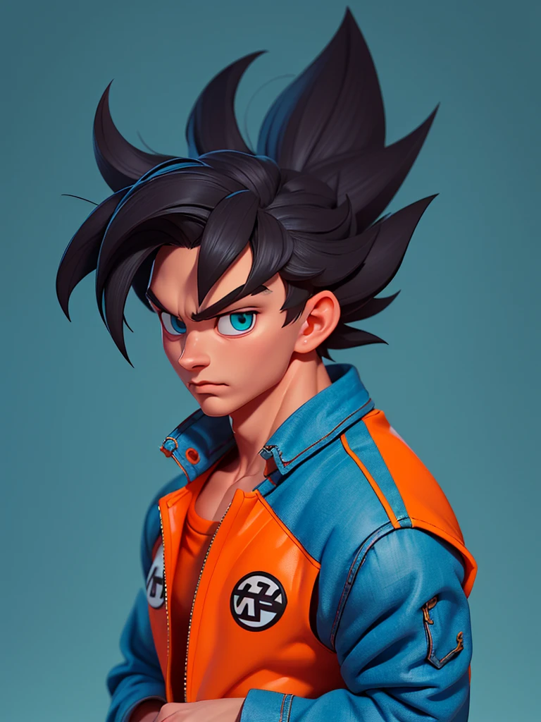 1man, solo, (masterpiece), best quality, ultra-detailed, Son Goku from Dragon Ball Z, super saiyan hair, Retro style, full body. fashion cloth, purple jean jacket, fancy, portrait, upper body, face detail, eyes detail: 1.3, simple background, green eyes, orange shirt, white background.
