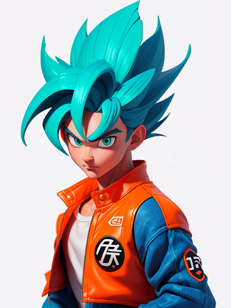 1man, solo, (masterpiece), best quality, ultra-detailed, Son Goku from Dragon Ball Z, super saiyan hair, Retro style, full body. fashion cloth, purple jean jacket, fancy, portrait, upper body, face detail, eyes detail: 1.3, simple background, green eyes, orange shirt, white background.
