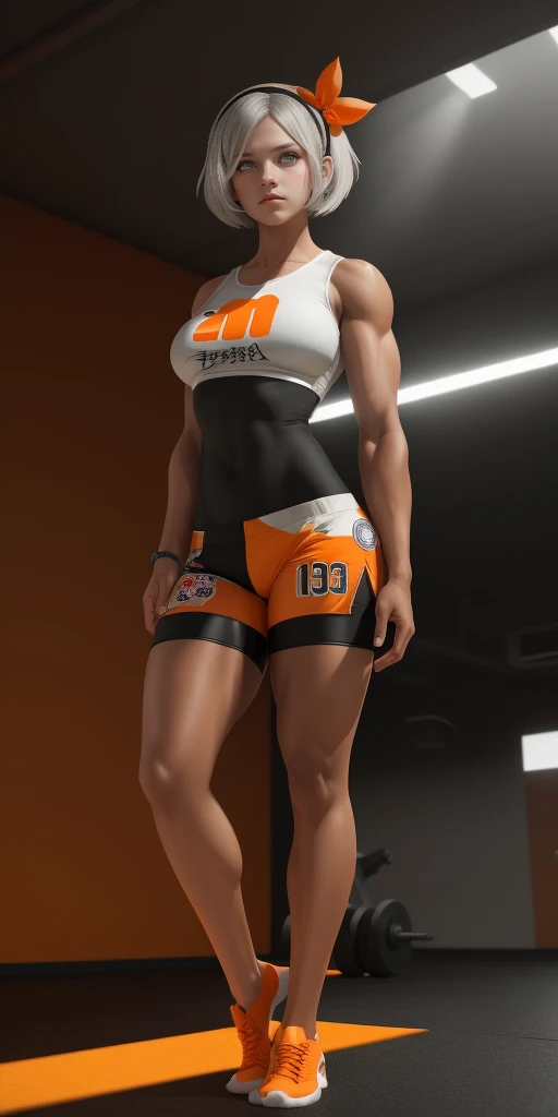 [bea], [pokemon], [uploaded to e621.net; (napalm_express)], ((masterpiece)), ((HD)), ((high res)), ((solo portrait)), ((full body)), ((front view)), ((feet visible)), ((detailed shading)), ((beautiful render art)), ((intricate details)), {anime girl; (dark-toned skin), (cute grey eyes), (short eyelashes), short white hair, (curvy hips), (defined muscles), (beautiful muscular legs), (beautiful feet), (expressionless)}, {(white shirt), (midriff), (bodysuit under clothes), (orange print shorts), (black hairband)}, {(standing), (looking in the distance)}, [background; (open room), (gym), (ceiling lights), (sun rays), (pink and orange sky)]
