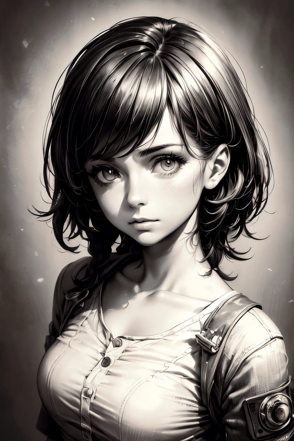 A girl in a mugshot, sketch, black and white, detailed features, cute, vintage style, high contrast lighting, expressive eyes, lovely . (best quality, highres, realistic:1.37), vintage, monochrome, intense gaze, dramatic lighting, rugged background, distressed paper texture, retro vibes, id photo, front view