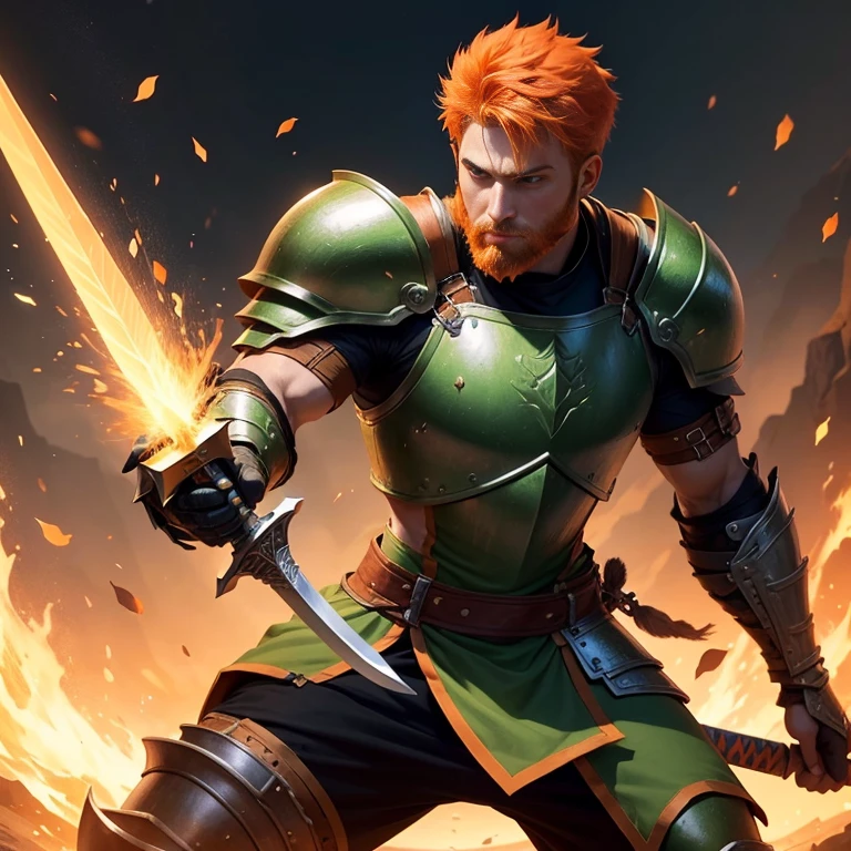 a orange short hair male warrior with a small beard wearing a green armor shoulders, holding a sword, dynamic pose