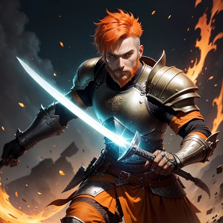 a orange short hair male warrior with a small beard wearing a green armor shoulders, holding a sword, dynamic pose