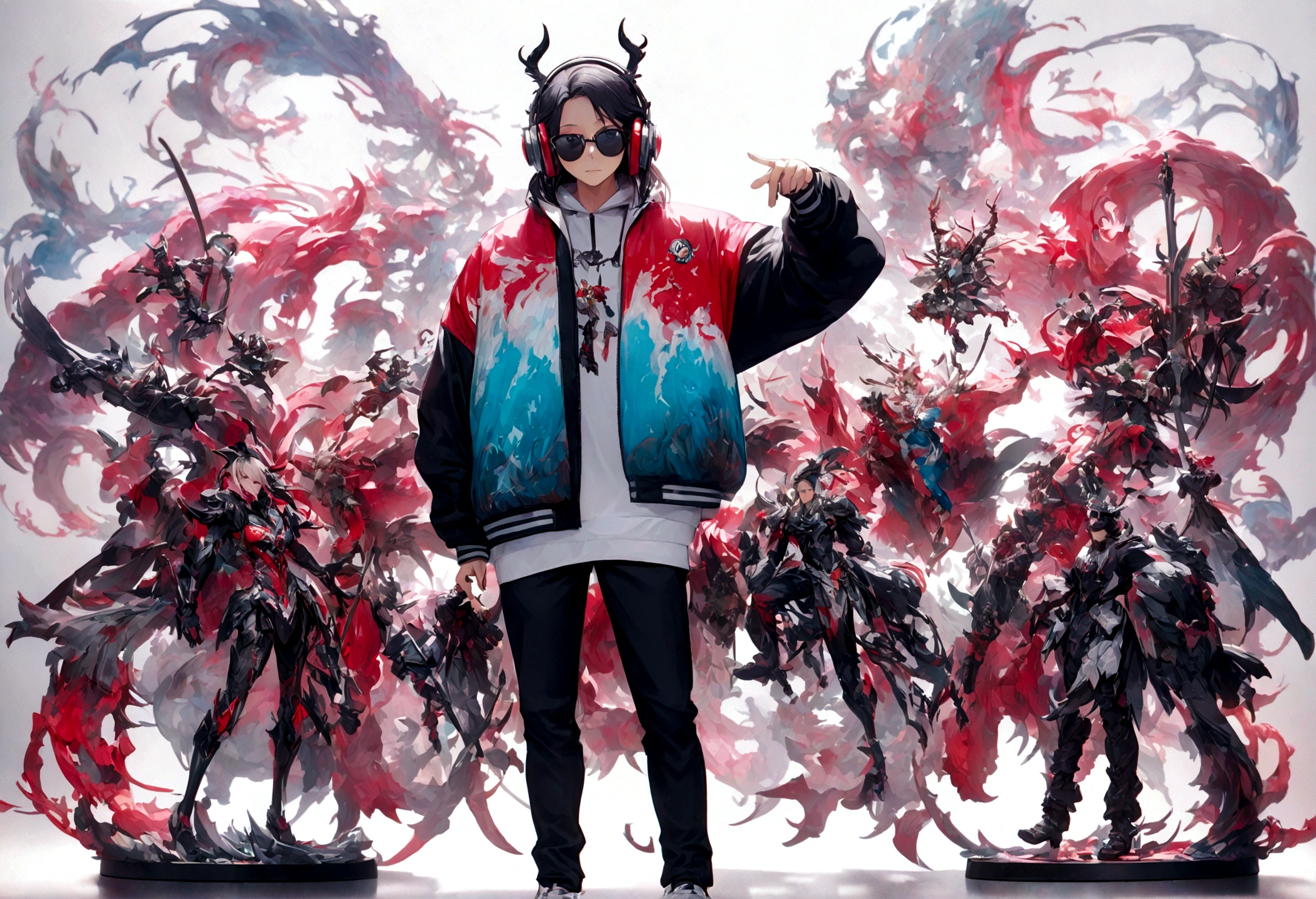 Perfect centering, Cute calf, Wear a student team jacket, Wearing sunglasses, Wearing headphones, Cheerfulness, Standing position, Abstract Beauty, Centered, Looking into the camera, To the camera, Near perfect, dynamic, Very detailed, Smooth, Sharp focus, 8k, High resolution, figure, art:Carne Griffith、Vadim Kashin, White Background