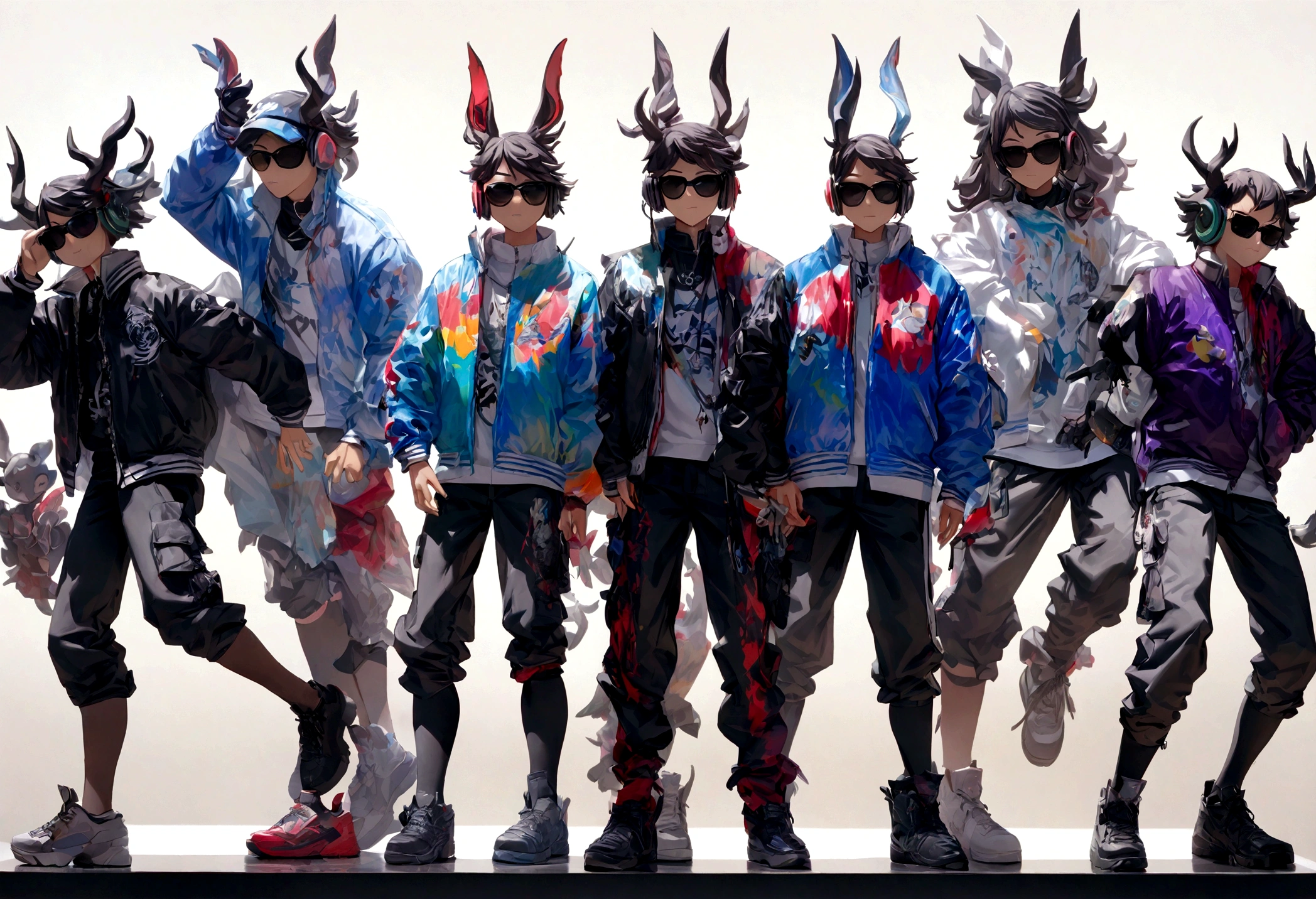 Perfect centering, Cute calf, Wear a student team jacket, Wearing sunglasses, Wearing headphones, Cheerfulness, Standing position, Abstract Beauty, Centered, Looking into the camera, To the camera, Near perfect, dynamic, Very detailed,  Smooth, Sharp focus, 8k, High resolution, figure, art：Carne Griffith、Vadim Kashin, White Background