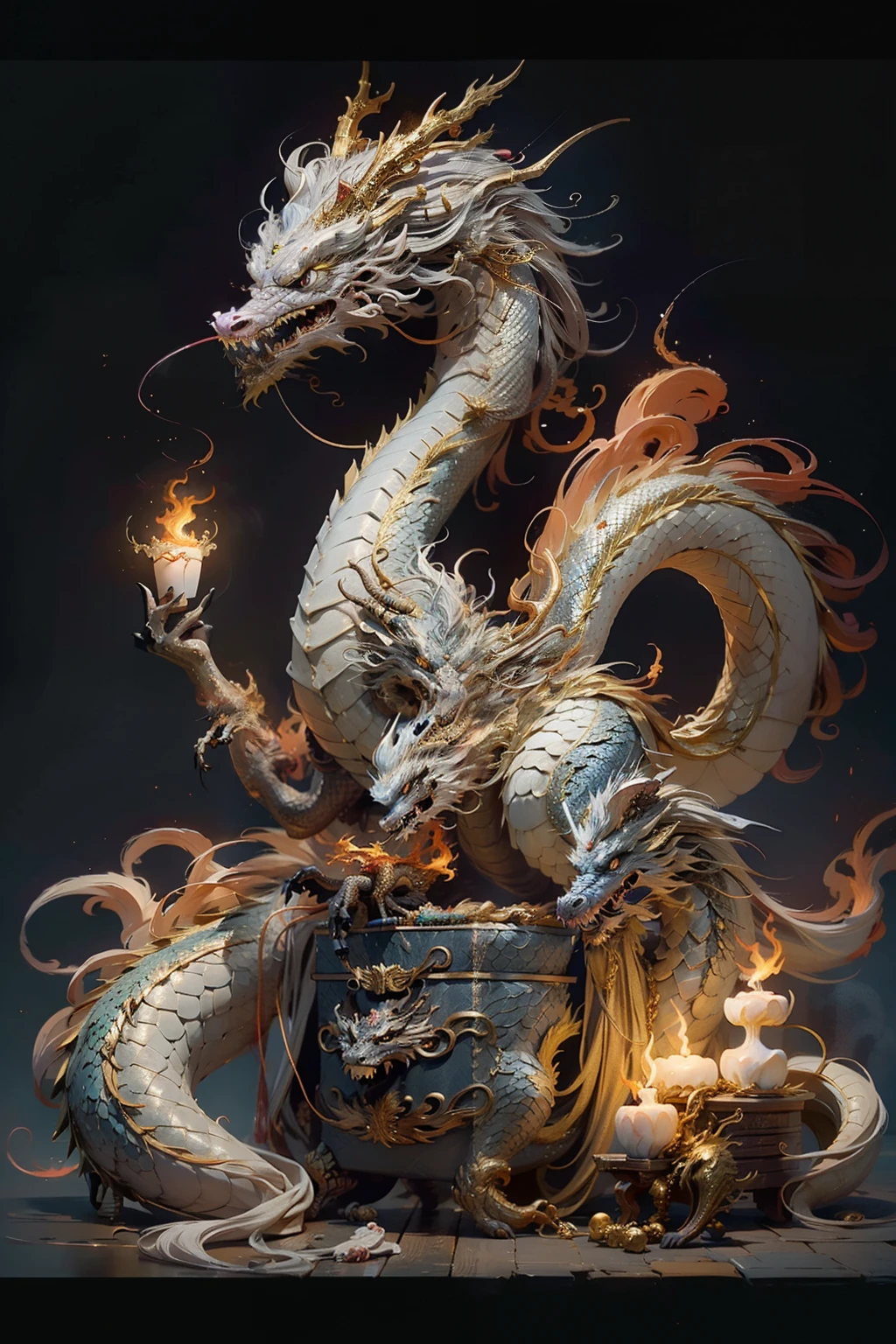 silver dragon horse with fire on its legs and golden chest, with dragon scales all over its body, styled like a Japanese dragon, with a dragon's head with golden clouds around it