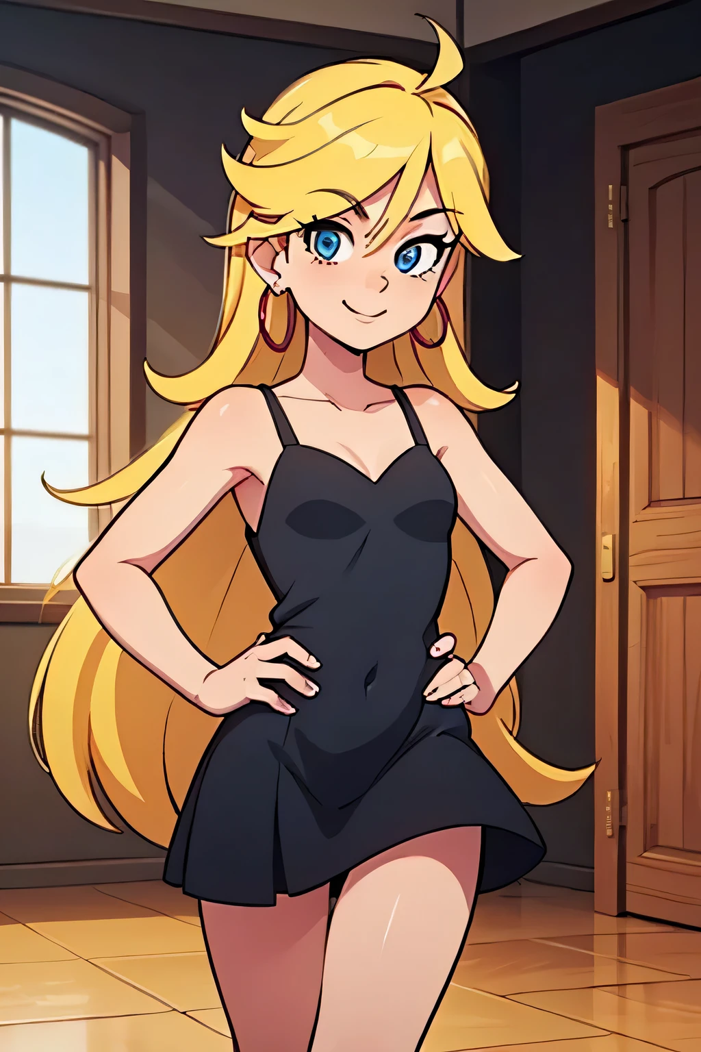 masterpiece, best quality, solo, 1 girl, psgpanty, black dress, blue eyes, long hair, blonde hair, hoop earrings, upper body, collarbone, little sleeveless black dress, parody, indoors, smile
