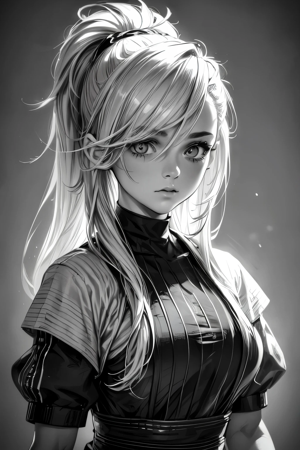A girl in a mugshot, sketch, black and white, detailed features, cute, vintage style, high contrast lighting, expressive eyes, lovely . (best quality, highres, realistic:1.37), vintage, monochrome, intense gaze, dramatic lighting, rugged background, distressed paper texture, retro vibes, id photo, front view