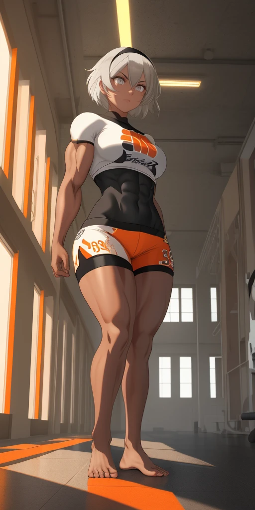 [bea], [pokemon], [uploaded to e621.net; (napalm_express)], ((masterpiece)), ((HD)), ((high res)), ((solo portrait)), ((full body)), ((front view)), ((feet visible)), ((detailed shading)), ((beautiful render art)), ((intricate details)), {anime girl; (dark-toned skin), (cute grey eyes), (short eyelashes), short white hair, (curvy hips), (defined muscles), (beautiful muscular legs), (beautiful feet), (expressionless)}, {(white shirt), (midriff), (bodysuit under clothes), (orange print shorts), (black hairband)}, {(standing), (looking in the distance)}, [background; (open room), (gym), (ceiling lights), (sun rays), (pink and orange sky)]