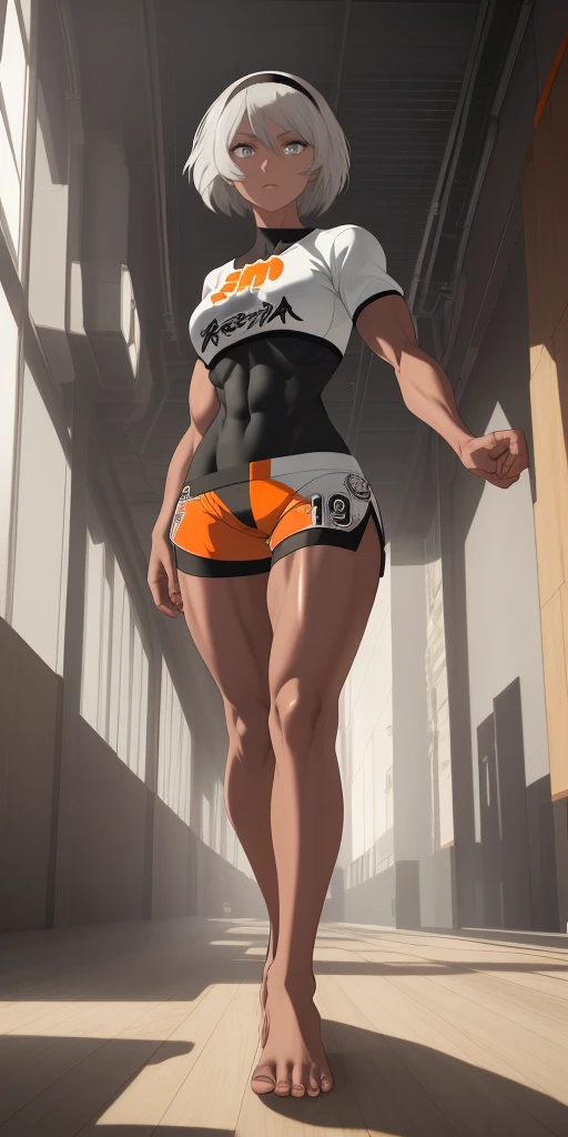 [bea], [pokemon], [uploaded to e621.net; (napalm_express)], ((masterpiece)), ((HD)), ((high res)), ((solo portrait)), ((full body)), ((front view)), ((feet visible)), ((detailed shading)), ((beautiful render art)), ((intricate details)), {anime girl; (dark-toned skin), (cute grey eyes), (short eyelashes), short white hair, (curvy hips), (defined muscles), (beautiful muscular legs), (beautiful feet), (expressionless)}, {(white shirt), (midriff), (bodysuit under clothes), (orange print shorts), (black hairband)}, {(standing), (looking in the distance)}, [background; (open room), (gym), (ceiling lights), (sun rays), (pink and orange sky)]